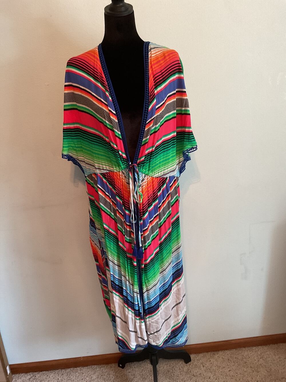 Melissa McCarthy Seven7 Striped Open Front Kimono Duster Swim Cover Up Tie 1X